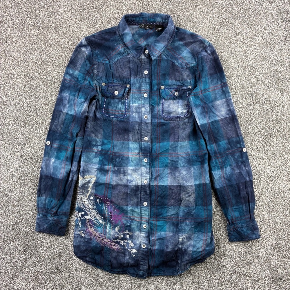 Miss Me Shirt Women's Small Blue Plaid Feather Floral Long Sleeve Button Up